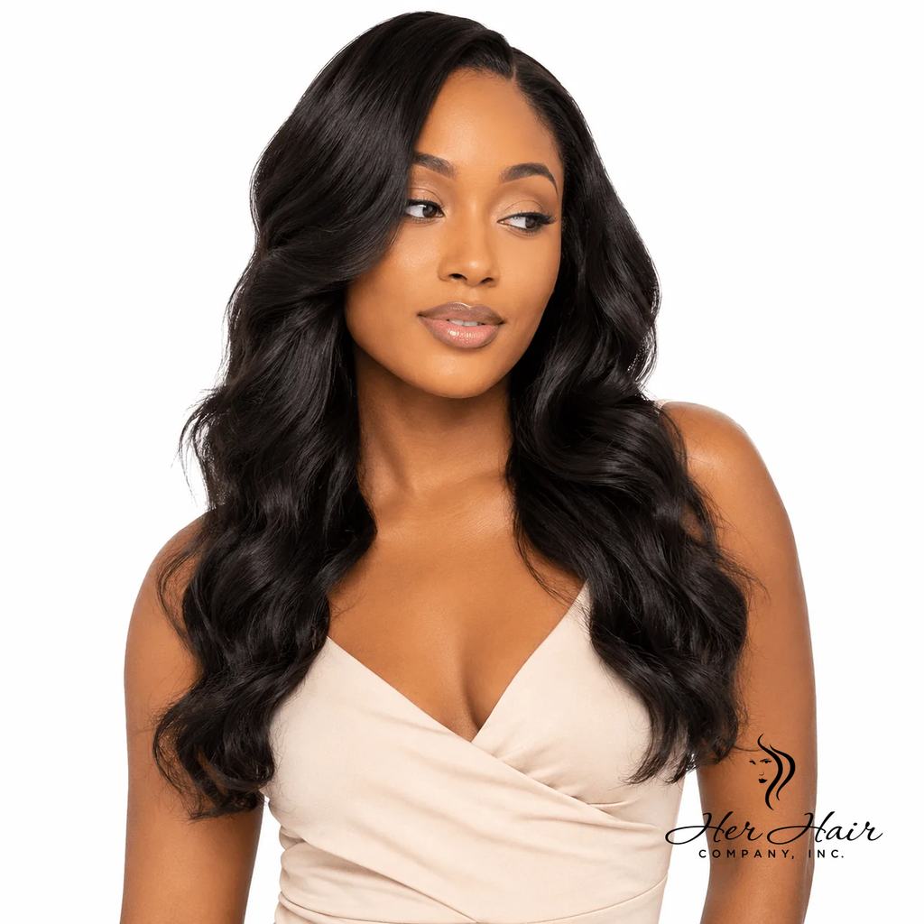 Brazilian wavy hair bundle from Her Hair Company, front view showing soft, natural waves and full length.