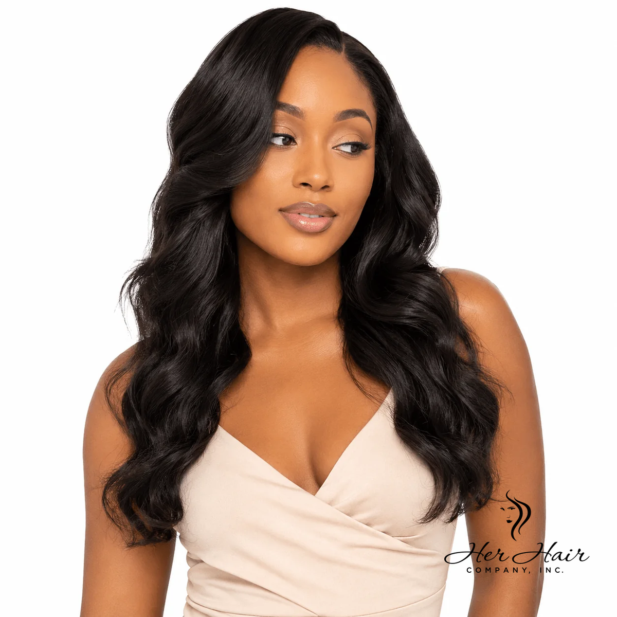 Brazilian wavy hair bundle from Her Hair Company, front view showing soft, natural waves and full length.