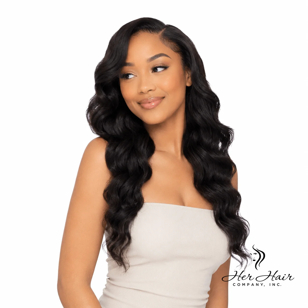 Burmese Raw Body Wave Hair bundle from Her Hair Company, natural straight hair with soft waves, front view with logo.