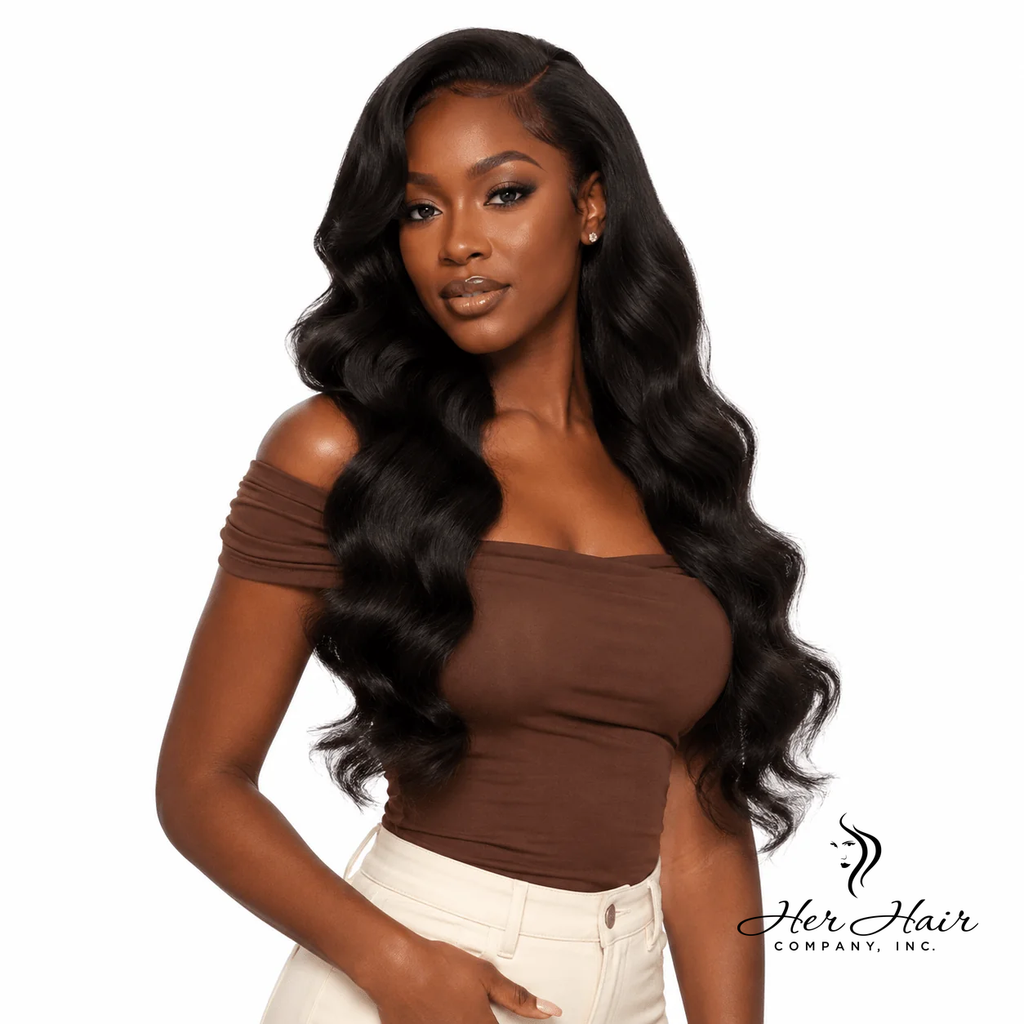 Three bundles of Burmese raw body wave hair from Her Hair Company, displayed front view with logo in the image.