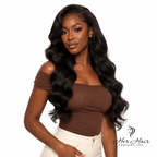 Three bundles of Burmese raw body wave hair from Her Hair Company, displayed front view with logo in the image.