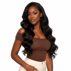 Three bundles of Burmese Raw Body Wave hair from Her Hair Company displayed on a model, showcasing the natural wave and full length.
