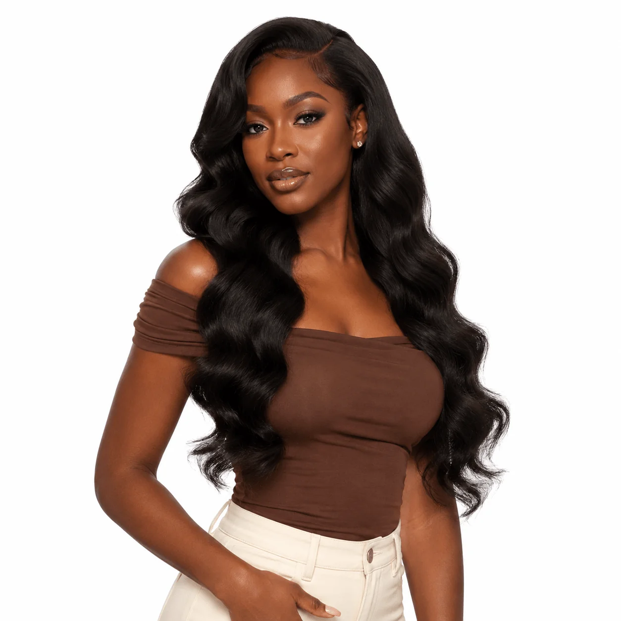 Three bundles of Burmese raw body wave hair from Her Hair Company displayed on a model's front.
