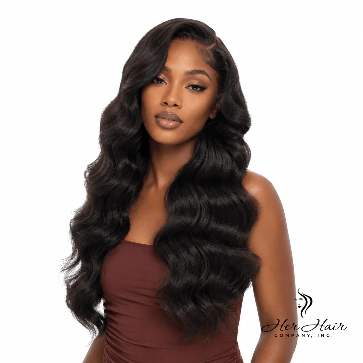 Burmese Raw Body Wave Hair bundles from Her Hair Company displayed on a model, front view showing the natural wave texture.