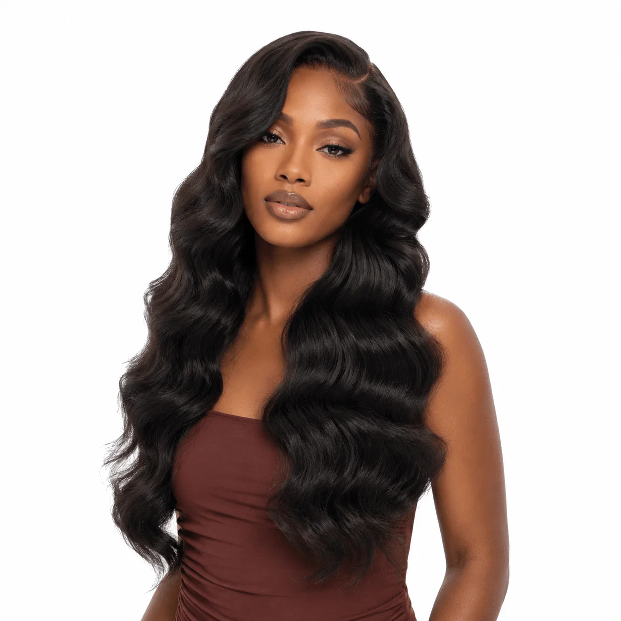 Four bundles of Burmese raw body wave hair from Her Hair Company displayed on a model, showcasing natural wave texture and hair quality.
