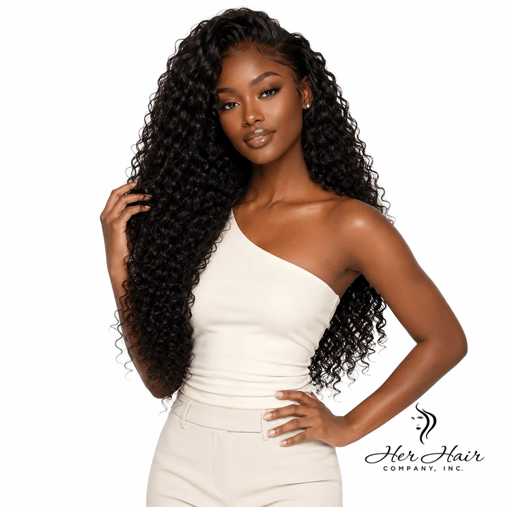 Burmese raw curly hair 3 bundle deal with natural texture, displayed on a model showcasing the full, voluminous hair style.