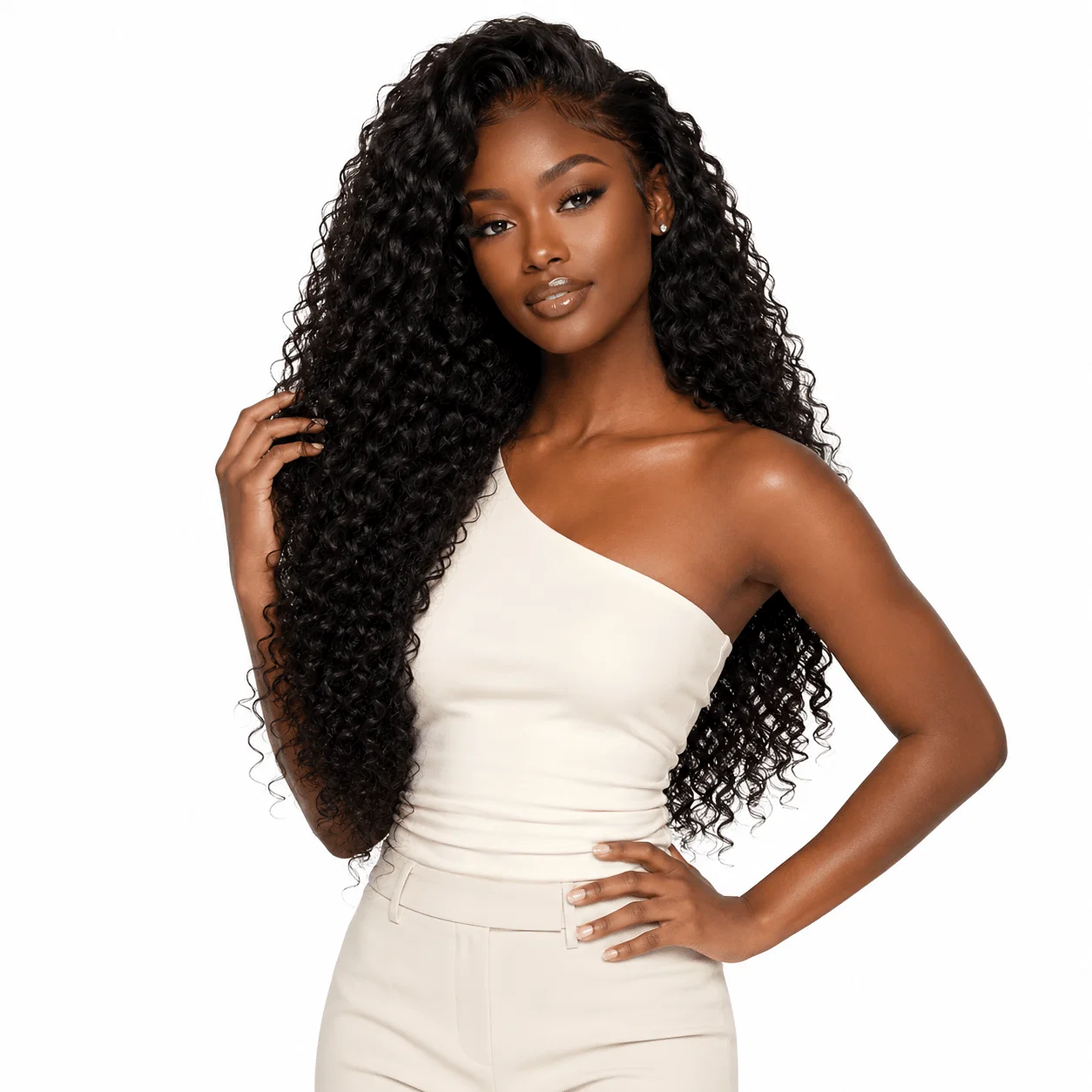 Three bundles of Burmese raw curly hair extensions, natural texture, displayed on a model for the standard bundle deal.