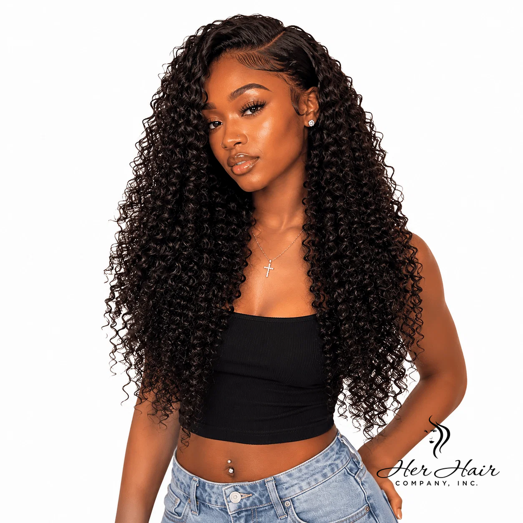 Burmese raw curly hair bundle deal with four natural, textured curly bundles from Her Hair Company, displayed on a model.