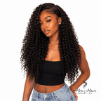 Burmese raw curly hair bundle deal with four natural, textured curly bundles from Her Hair Company, displayed on a model.
