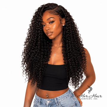 Burmese raw curly hair bundle deal with four natural, textured curly bundles from Her Hair Company, displayed on a model.