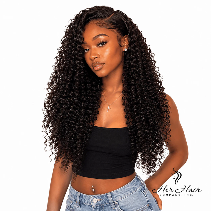 Burmese raw curly hair bundle deal with four natural, textured curly bundles from Her Hair Company, displayed on a model.