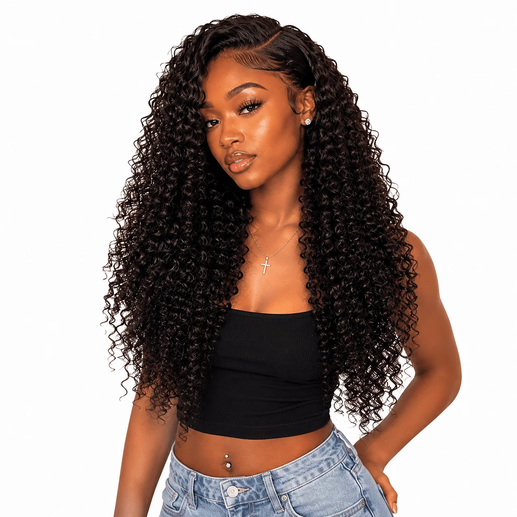 Burmese raw curly hair bundles from Her Hair Company displayed in a standard 4-bundle deal with natural curl pattern.