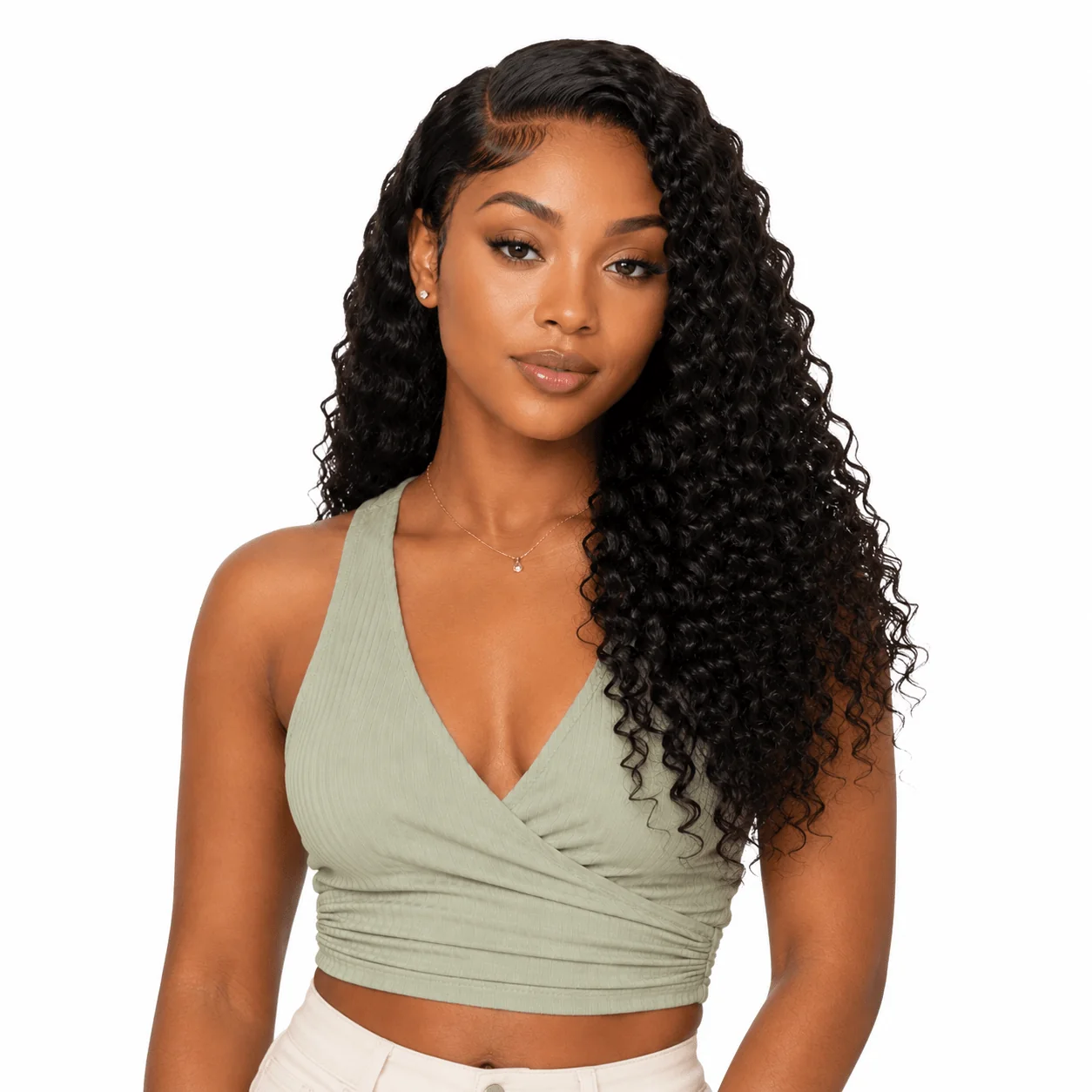 Her Hair Company Burmese raw deep curly hair bundle showing lush, natural curls on a model for a standard hair bundle.