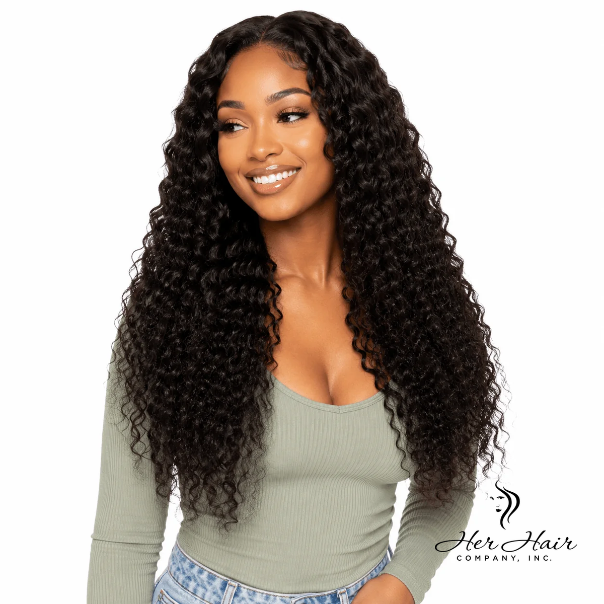 Burmese raw deep curly hair bundles from Her Hair Company, showing three natural curly hair bundles on a model.