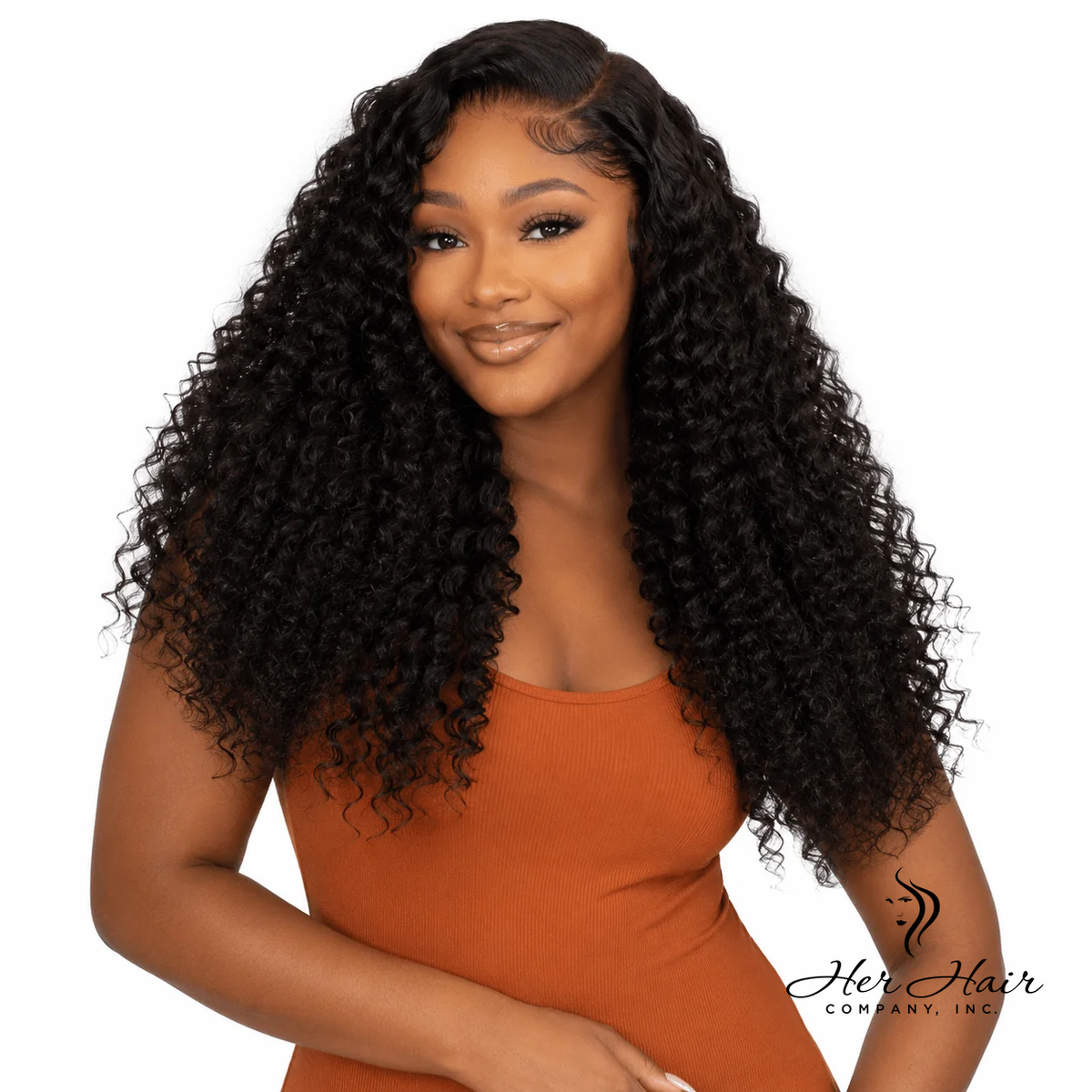 Burmese raw deep curly hair bundles from Her Hair Company, showing four natural curly hair bundles with a model logo.