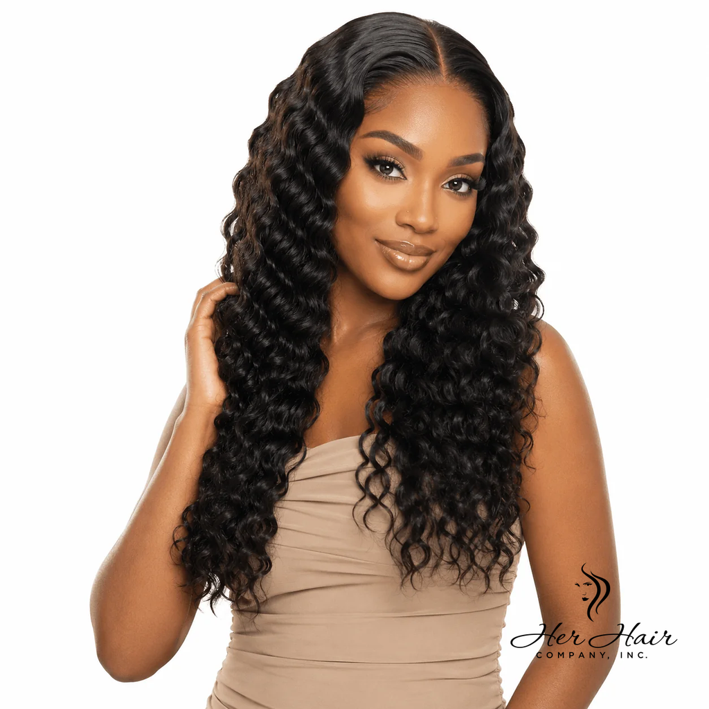 Burmese Raw Deep Wave Hair 3 Bundle Deal from Her Hair Company, showing bundles of textured deep wave hair on a model.