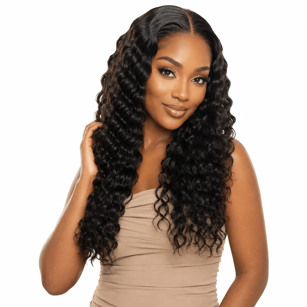Her Hair Company Burmese Raw Deep Wave hair in three bundle deal, showing natural deep wave texture and full bundle appearance.