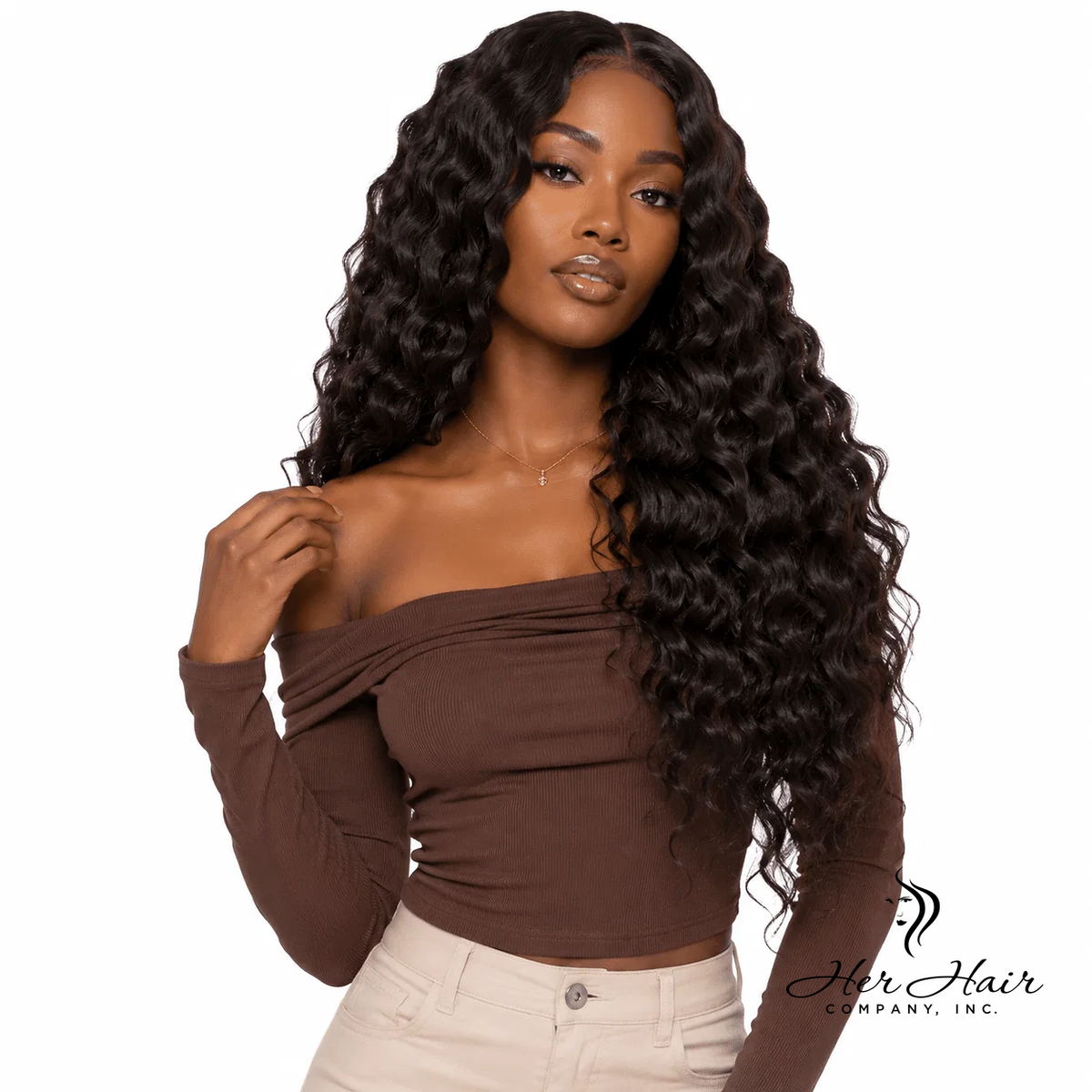 Three bundles of Burmese raw loose deep wave hair from Her Hair Company, displayed with a model logo in the image.