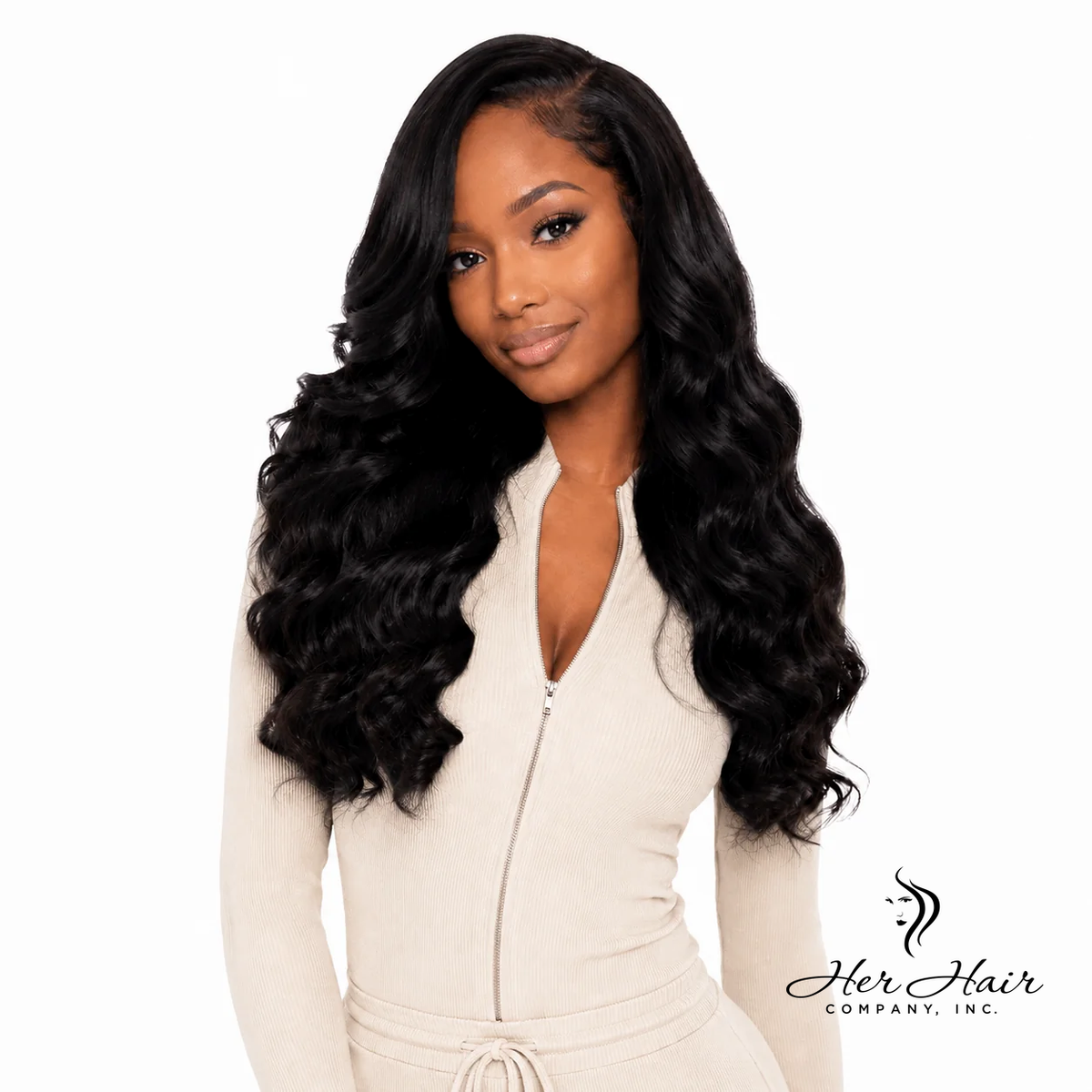 Burmese Raw Loose Deep Wave Hair 4 Bundle Deal from Her Hair Company, showing natural wavy hair bundles on a model.