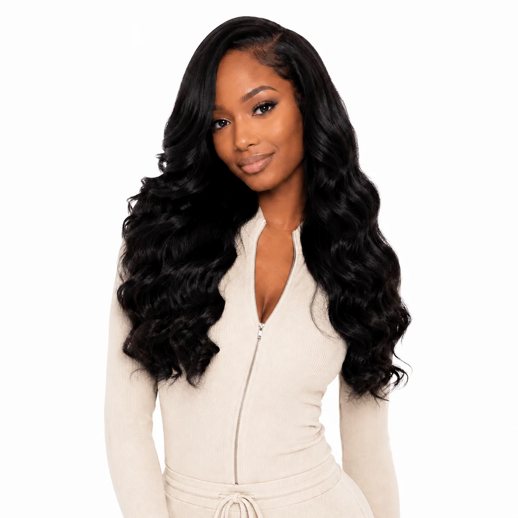 Burmese raw loose deep wave hair bundles from Her Hair Company, showing four natural textured bundles for a full head look.
