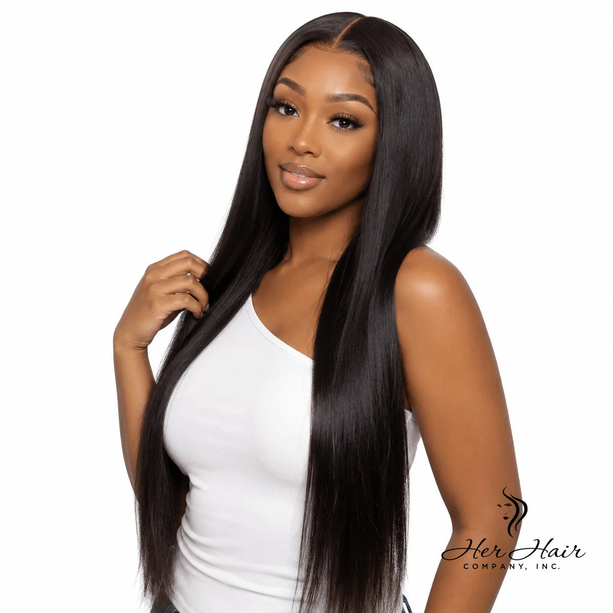 Her Hair Company Burmese raw straight hair bundle, natural straight hair extension, front view showing texture and brand logo.