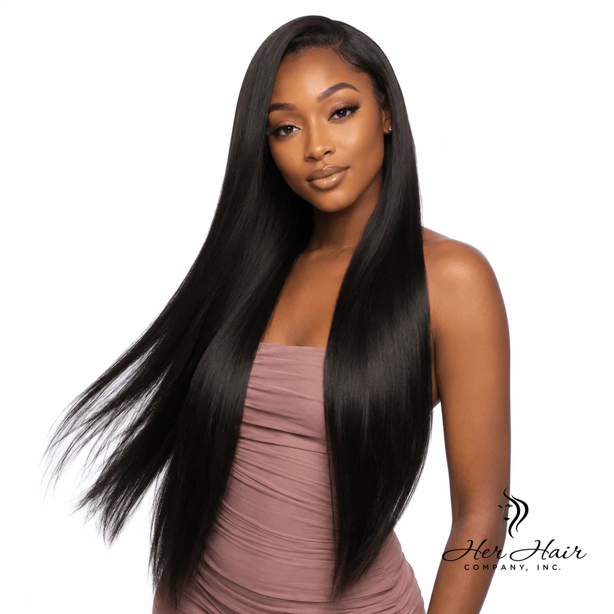 Burmese raw straight hair 3 bundle deal with natural straight texture, displayed on a model with the brand logo in the background.