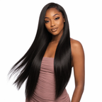 Burmese raw straight hair bundles, three-piece bundle deal, natural texture, shown on model front view.