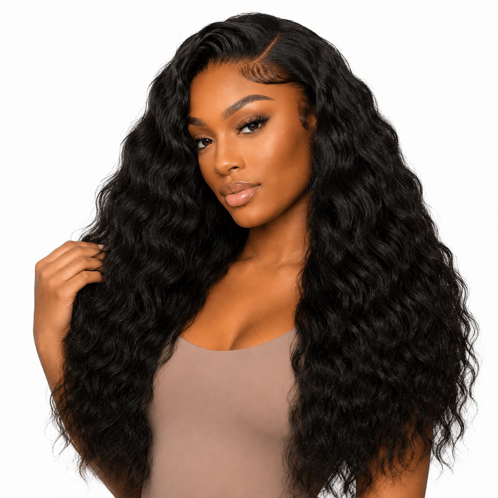 Her Hair Company Burmese Raw Wavy Hair 4-bundle deal, natural wavy hair bundles styled on a model front view.