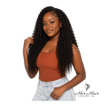 Burmese Spiral Crochet Hair Standard Bundle by Her Hair Company displayed on a model with styled hair.