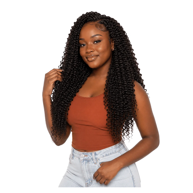 Burmese Spiral Crochet Hair Standard Bundle from Her Hair Company, showcasing coiled, textured crochet hair style on model.
