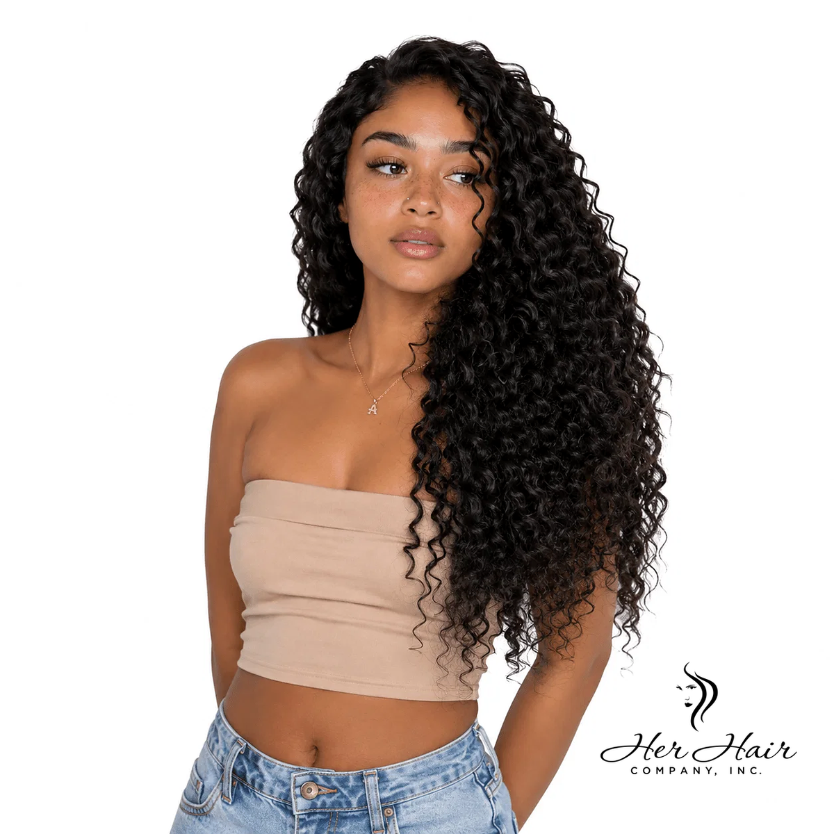 Deep curly bulk hair bundle from Her Hair Company, showing tightly coiled, natural-looking deep curly hair on a model.