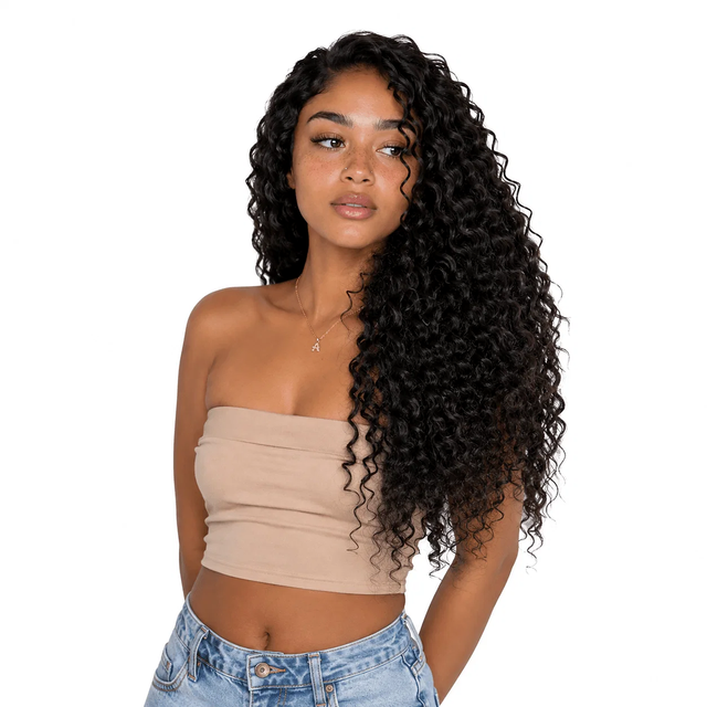 Deep curly bulk hair bundle from Her Hair Company, showing tightly coiled, natural-looking deep curly hair on a model.