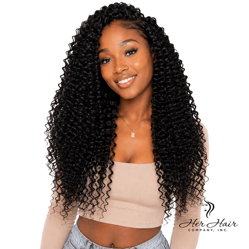Deep curly crochet hair bundle from Her Hair Company, showing thick, textured deep curly synthetic hair extensions.