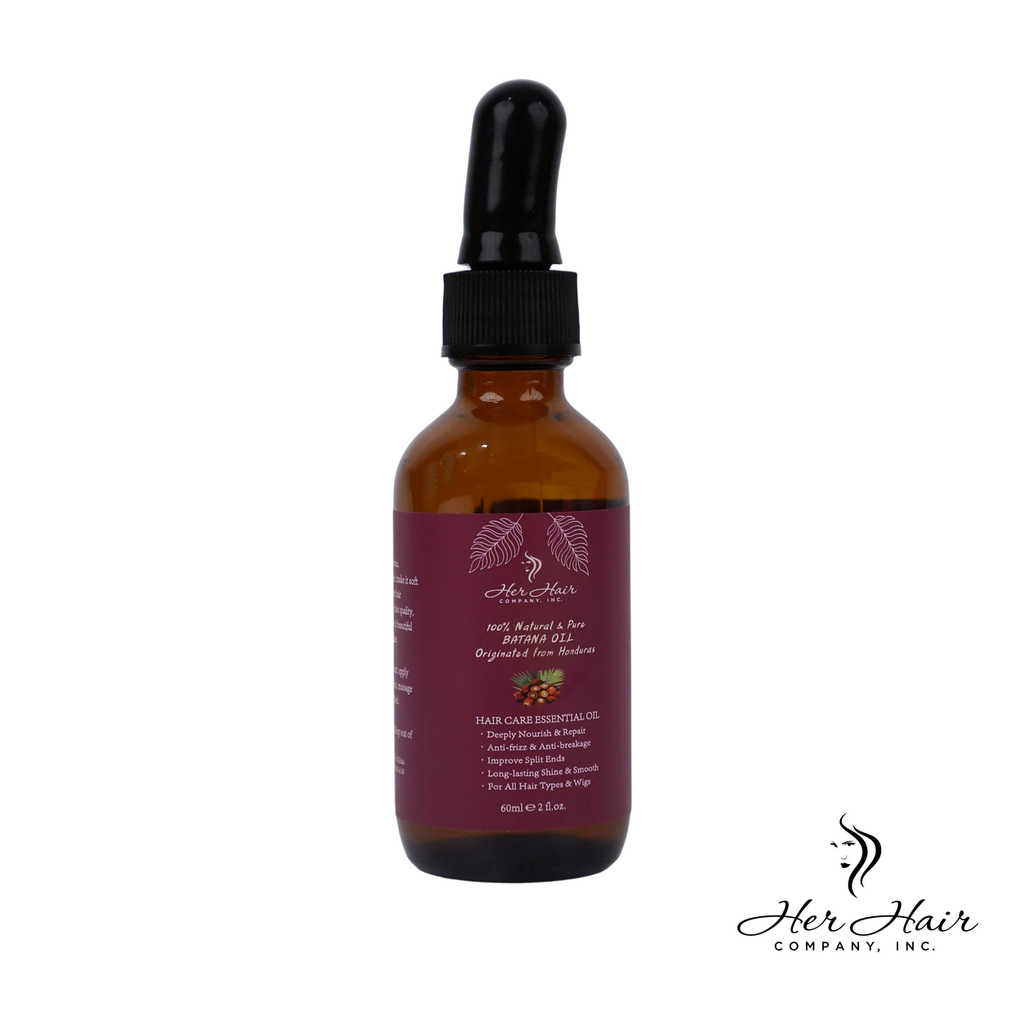 Front view of Her Hair Company Honduran Batana Oil bottle, highlighting the natural, authentic product for hair care.