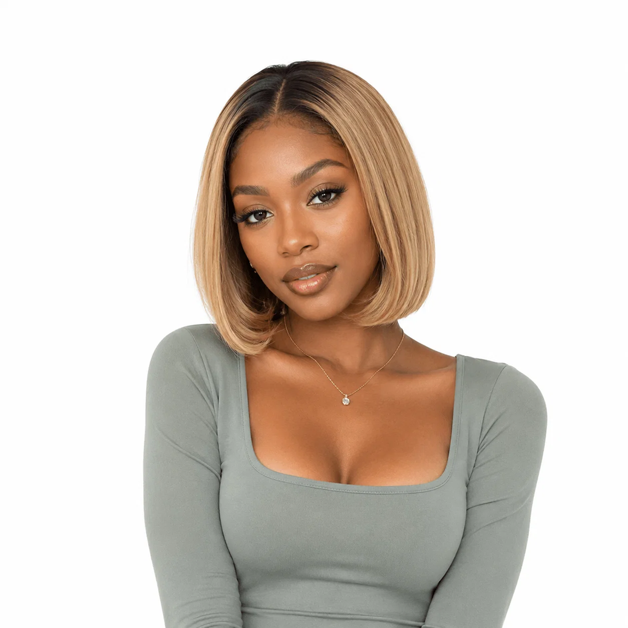 Honey blonde Swiss HD bob wig by Her Hair Company displayed on a model, showcasing sleek, straight hair and natural texture.