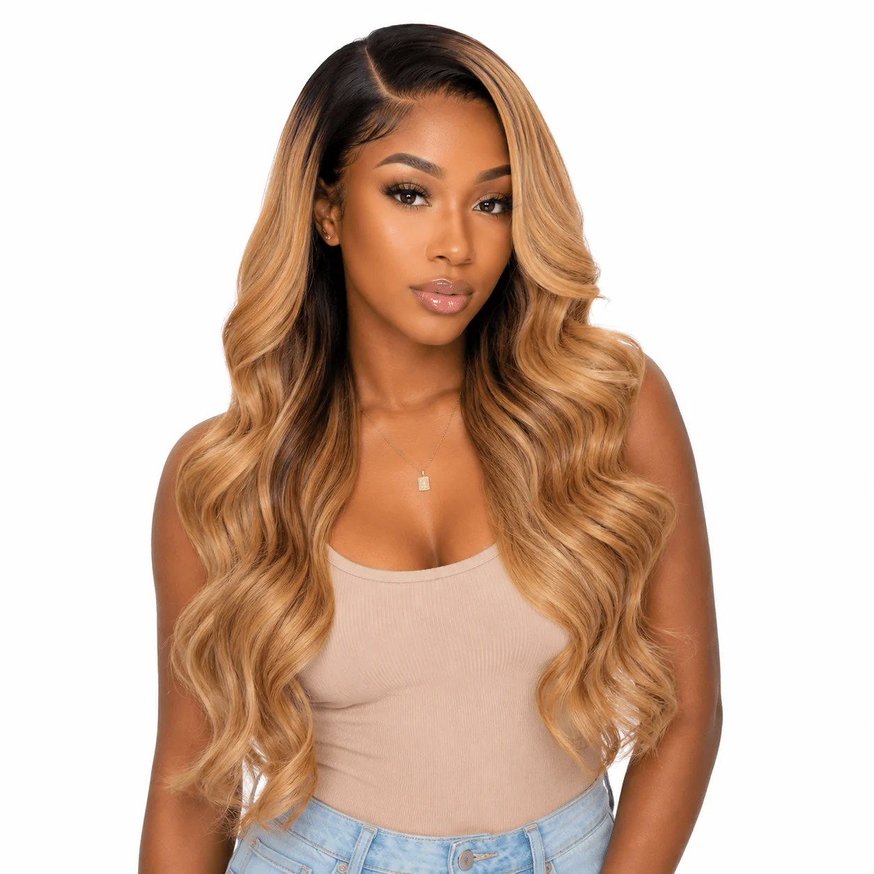 Honey blonde Swiss HD lace wig by Her Hair Company, showing natural hair texture and transparent lace front on a model.