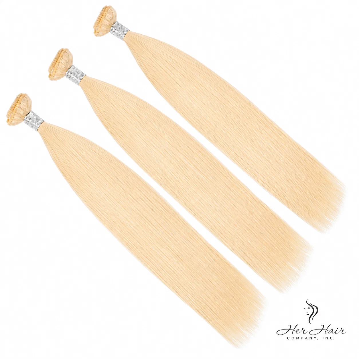 Three bundles of straight Brazilian 613# hair extensions in a standard bundle deal, showing blonde, straight hair.