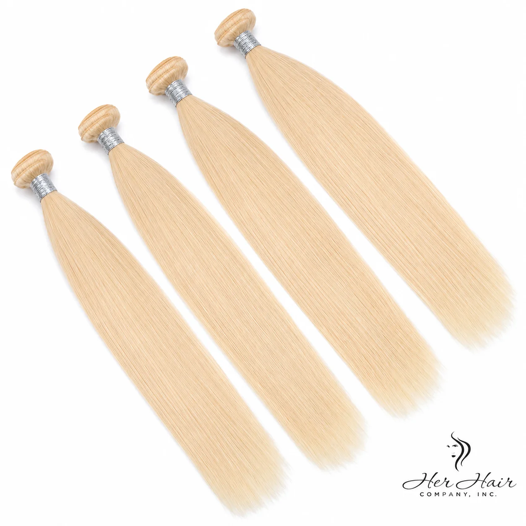 Four bundles of straight Brazilian 613# hair in a standard bundle deal, showcasing light blonde, silky hair extensions.