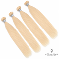 Four bundles of straight Brazilian 613# hair in a standard bundle deal, showcasing light blonde, silky hair extensions.