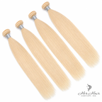 Four bundles of straight Brazilian 613# hair in a standard bundle deal, showcasing light blonde, silky hair extensions.