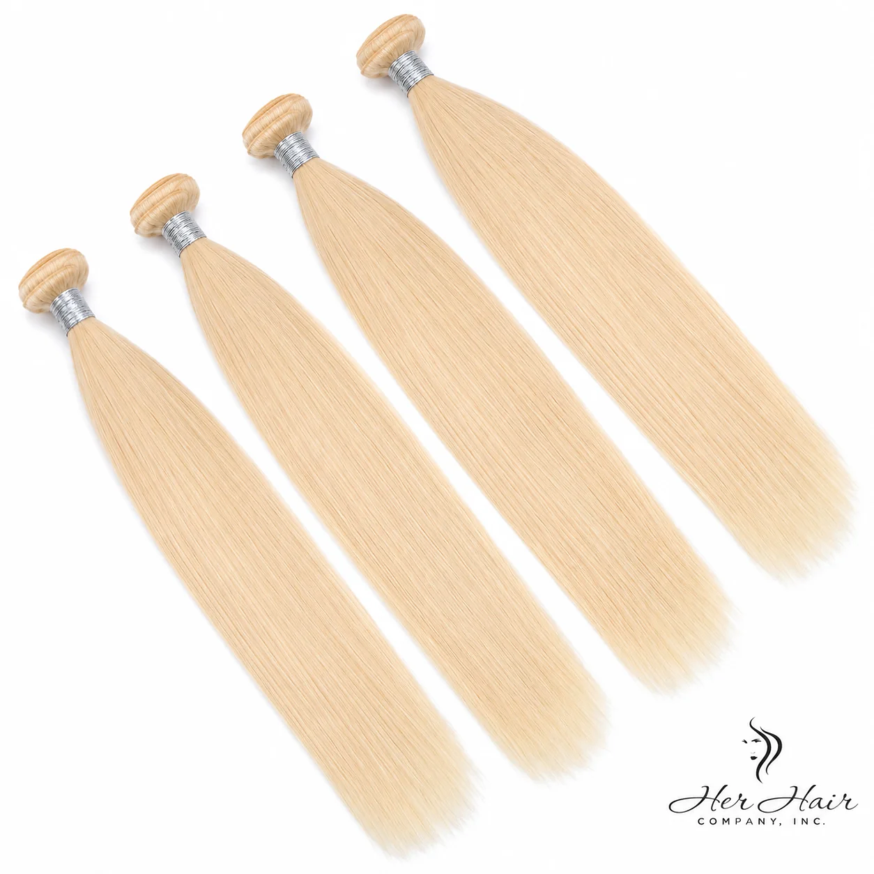 Four bundles of straight Brazilian 613# hair in a standard bundle deal, showcasing light blonde, silky hair extensions.