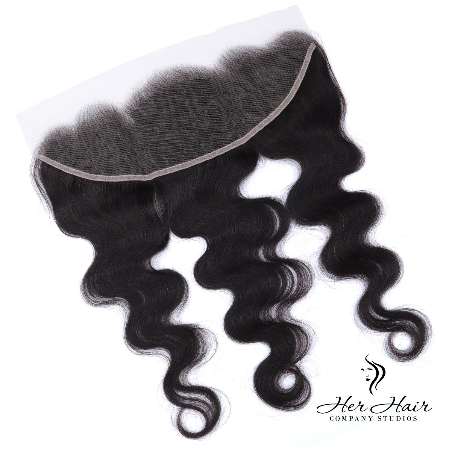 Brazilian Body Wave 13x4 HD lace frontal by Her Hair Company, showing the detailed lace front and wavy hair texture.