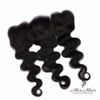 Brazilian Body Wave 13x6 HD lace frontal from Her Hair Company, showing natural wave pattern and lace details.
