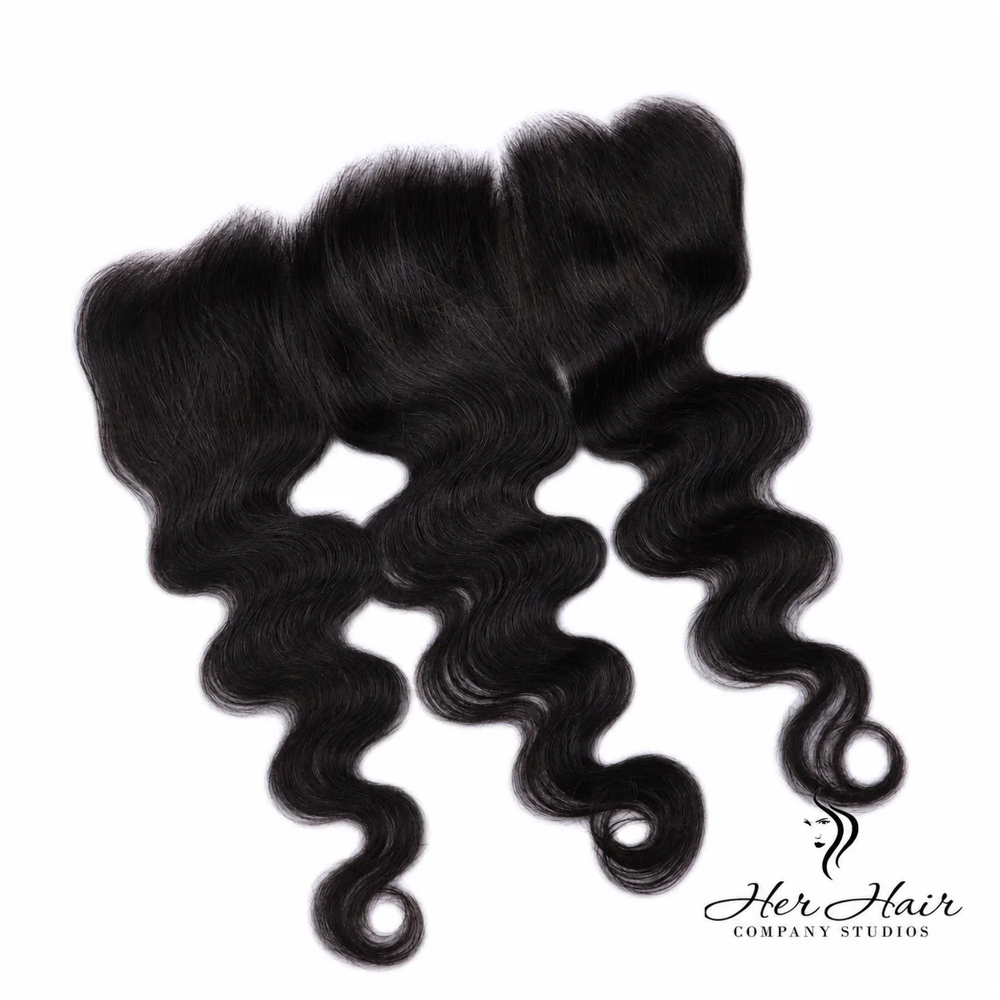 Brazilian Body Wave 13x6 HD lace frontal from Her Hair Company, showing natural wave pattern and lace details.