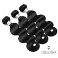Three bundles of Brazilian Body Wave hair from vendor-unknown, showcasing natural wave pattern and full bundle appearance.