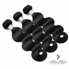 Three bundles of Brazilian Body Wave hair from vendor-unknown, showcasing natural wave pattern and full bundle appearance.