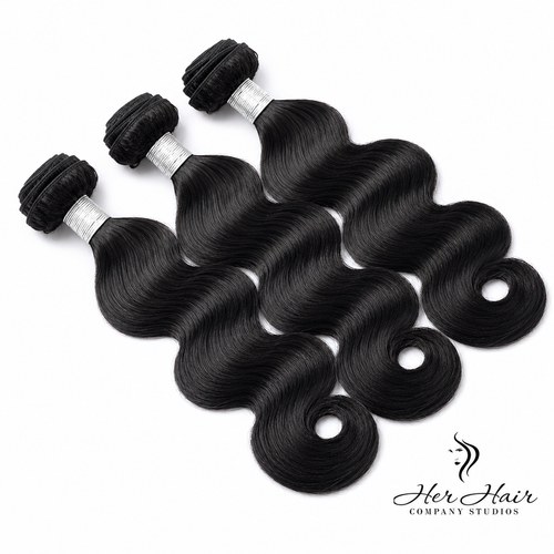 Three Brazilian Body Wave Hair bundles displayed together to show the smooth natural black color, full density, and consistent body wave pattern.