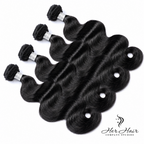 Four bundles of Brazilian Body Wave Hair from Her Hair Company, showcasing the luxurious, wavy texture in natural black hair.