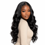 Brazilian clip-in hair extensions in body wave style, standard bundle, showcasing natural, shiny dark brown hair clips attached.