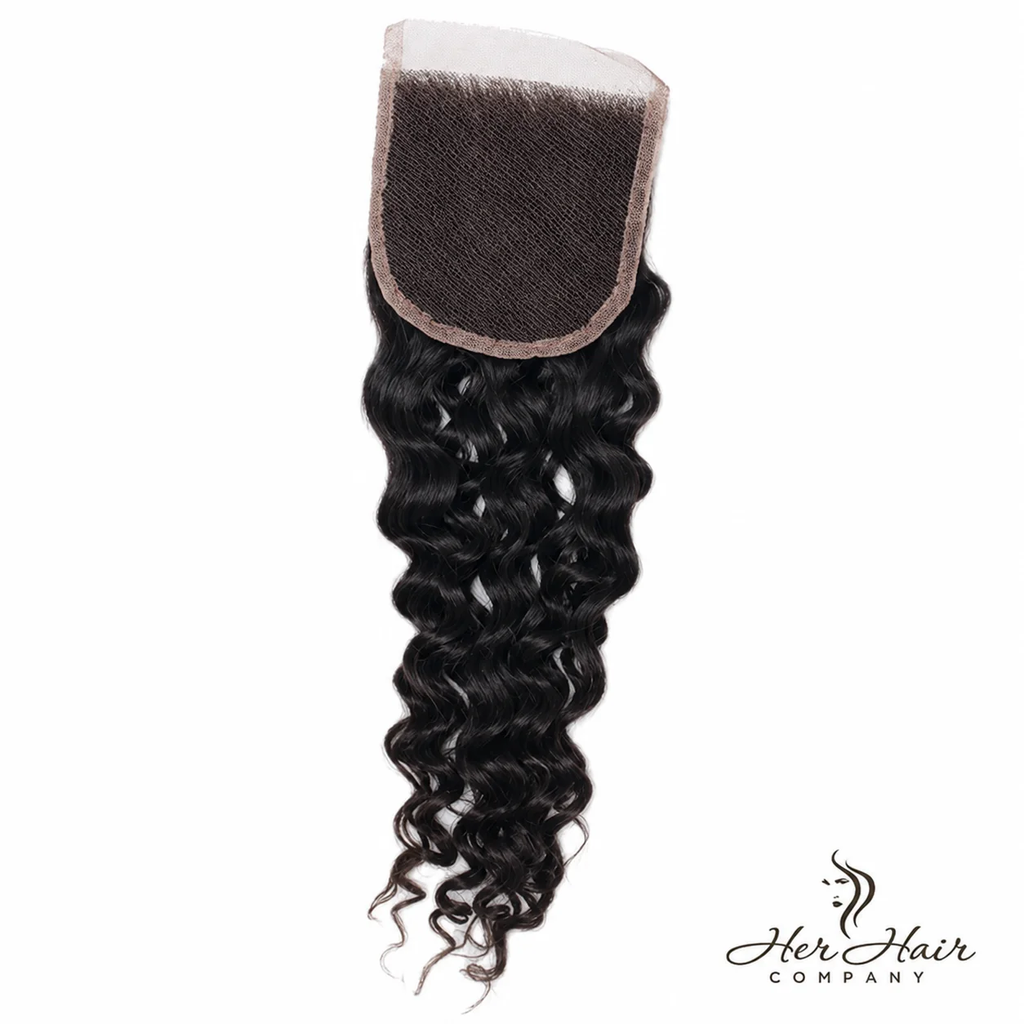 Brazilian deep curly 4x4 HD lace closure, standard frontal closure with natural deep curl pattern and transparent lace for seamless blending.